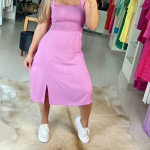 Vestido midy com elastec rosa